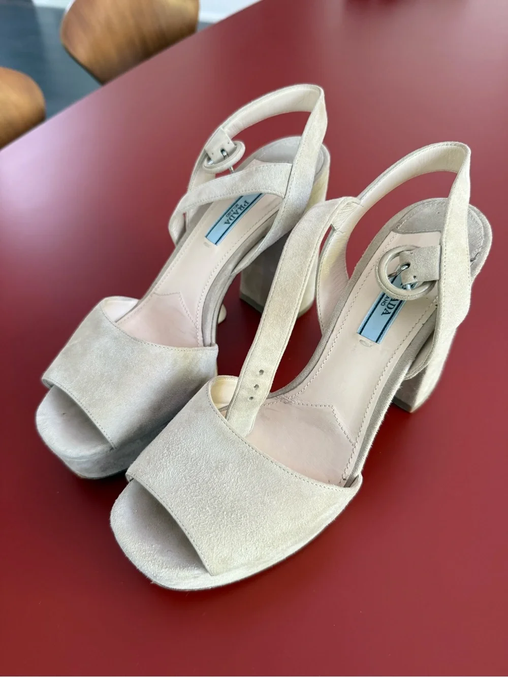 Prada Beige Suede Platform Slingback Heels